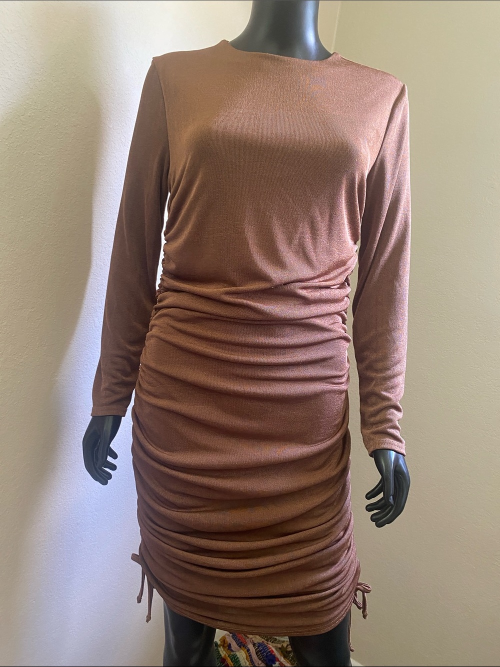 Nasty Gal Chocolate Brown Long-Sleeve Ruched Midi Dress
